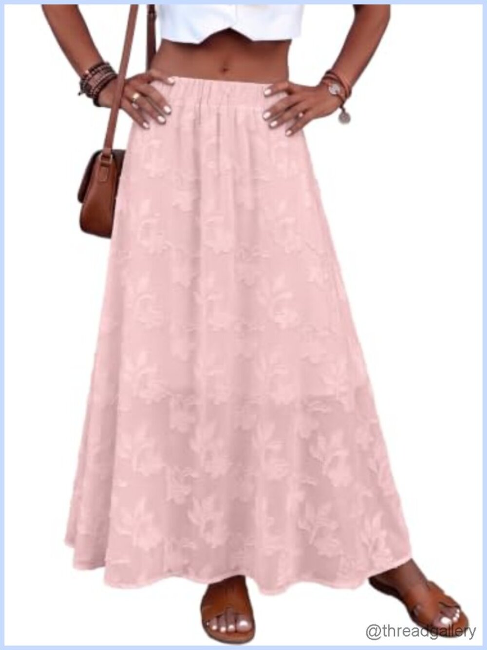 Floral Crochet Lace Maxi Skirt Flowy Bohemian A-Line Pull On Lined